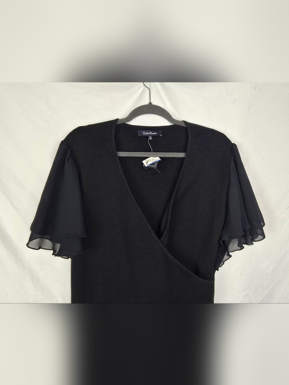 Evan Picone Knit Black Flared Sleeve Faux Wrap Minimalist Top sz XL NWT - Picture 2 of 7